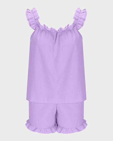 2-Piece Soft Pajama Set with Ruffle Tank Top & Shorts