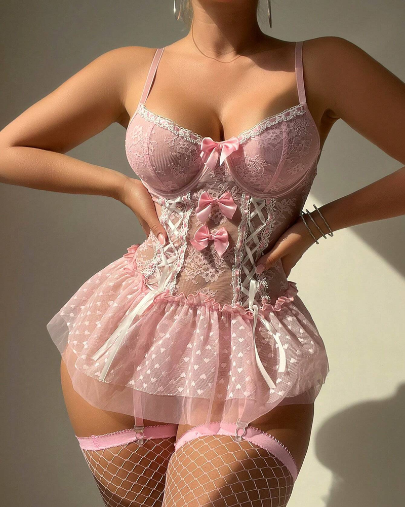 3pcs Valentine's Day Lace Patchwork Tie-Up  Sexy Lingerie Set With Stockings