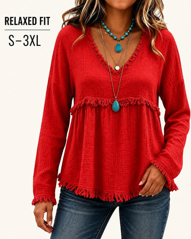 Boho V-Neck Fringe Babydoll Blouse