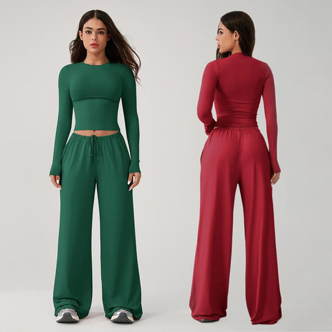 Women’s 2-Piece Activewear Set: Long-Sleeve Crop Top & Wide-Leg Pants | Stretchy Yoga/Workout/Running Clothes