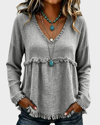 Boho V-Neck Fringe Babydoll Blouse