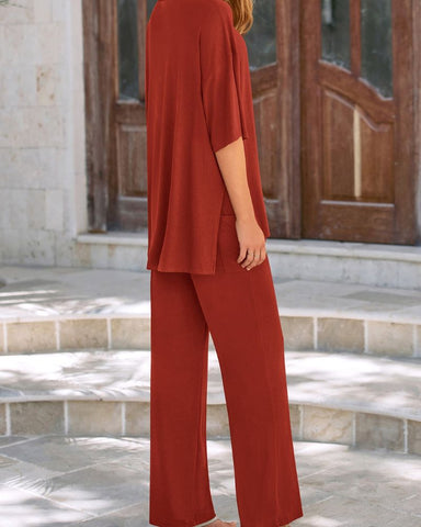 Relaxed Split-Hem Top & Wide-Leg Pants Set
