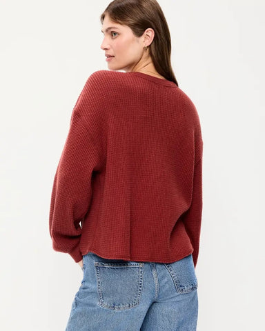 Women's Relaxed Waffle Knit Long Sleeve Henley Top
