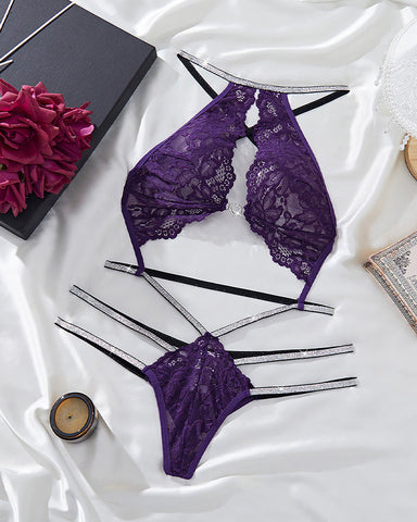 Sexy Purple Lace Lingerie Set – Halter Neck See-Through Design