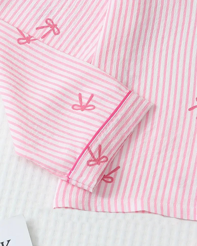 Striped Bow Print Long Sleeve Pajama Set