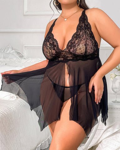 Plus Size V-Neck Lace Chemise Lingerie Set – Sexy Nightwear with Panty for Women