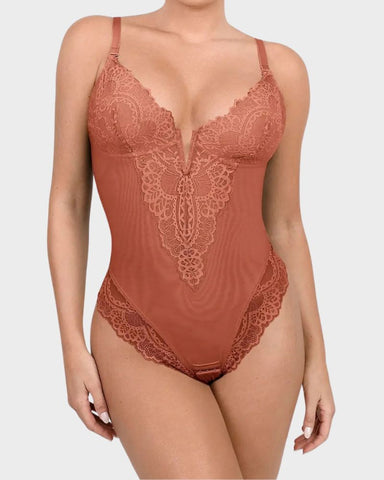 Deep-V Lace Tummy Control Shaping Bodysuit