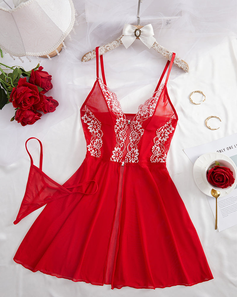 Sexy Semi-Transparent Mesh Nightgown with Front Buttons & Lace Suspender