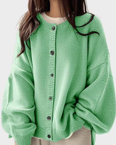 Relaxed Solid-Color Button-Front Knit Cardigan