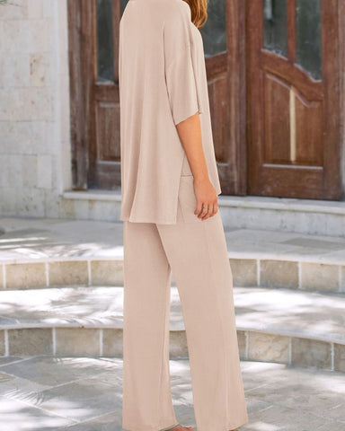 Relaxed Split-Hem Top & Wide-Leg Pants Set
