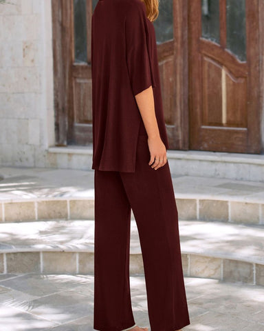 Relaxed Split-Hem Top & Wide-Leg Pants Set