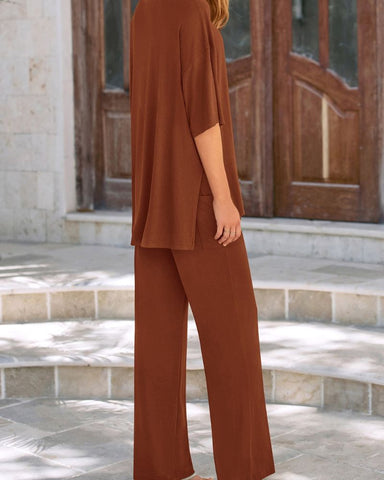 Relaxed Split-Hem Top & Wide-Leg Pants Set