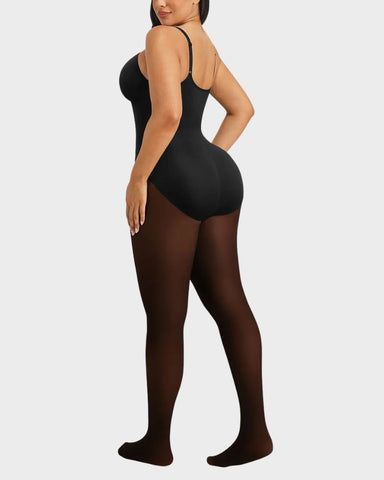 Fleece-Lined Sheer-Effect Tummy Control Tights Bodysuit