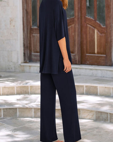 Relaxed Split-Hem Top & Wide-Leg Pants Set