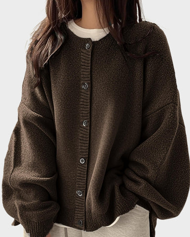 Relaxed Solid-Color Button-Front Knit Cardigan
