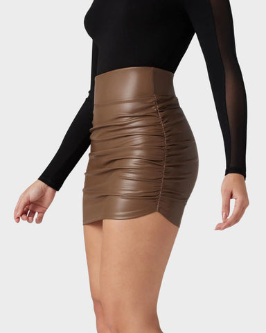 2-in-1 Ruched PU Leather Tummy Control Mini Skirt