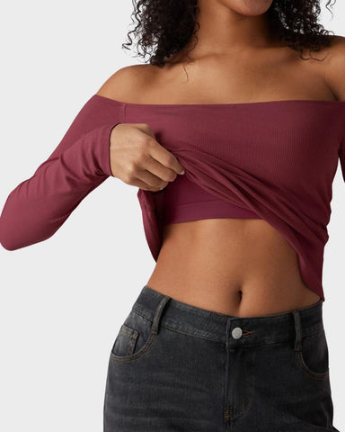 Ribbed Off-Shoulder Built-In Bra Long Sleeve Top