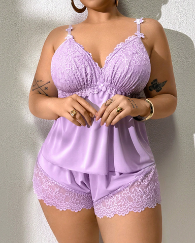 Plus Size Lace Satin Cami Pajama Set – Sexy Two-Piece Sleepwear for Women