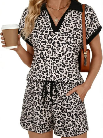 Leopard Print V-Neck Cap Sleeve 2-Piece Lounge Set