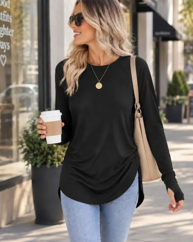 Long Sleeve Thumbhole Tunic Top with Curved Hem