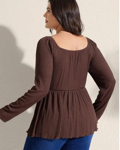 Plus Size Ribbed Drawstring Babydoll Flare-Sleeve Top