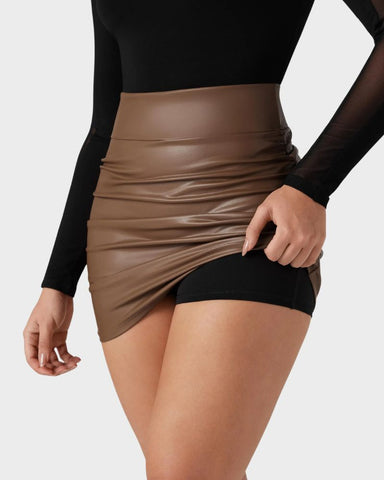 2-in-1 Ruched PU Leather Tummy Control Mini Skirt