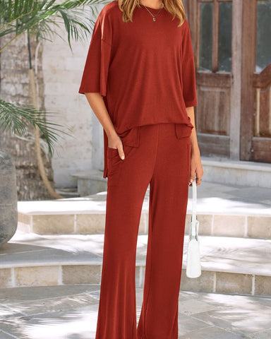 Relaxed Split-Hem Top & Wide-Leg Pants Set