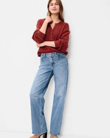Women's Relaxed Waffle Knit Long Sleeve Henley Top