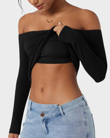 Ribbed Off-Shoulder Built-In Bra Long Sleeve Top