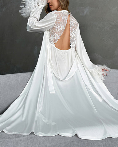 Sexy Bridal Robe & Nightgown Set with Feather Detail