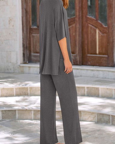 Relaxed Split-Hem Top & Wide-Leg Pants Set