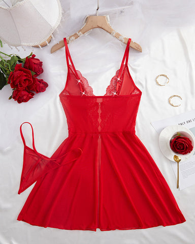 Sexy Semi-Transparent Mesh Nightgown with Front Buttons & Lace Suspender