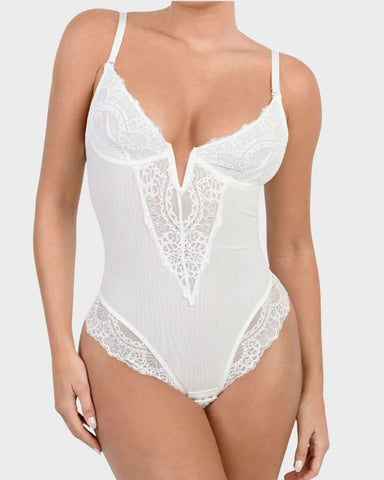 Deep-V Lace Tummy Control Shaping Bodysuit