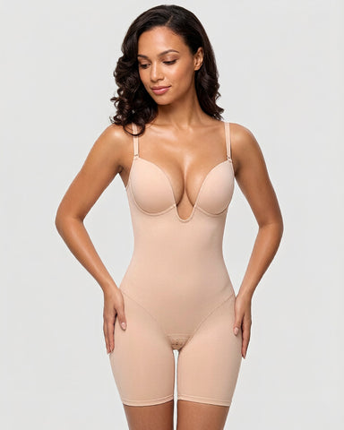 Women's U Plunge Strapless Tummy Control Bodysuit Low Back Built In Bra Shapewear