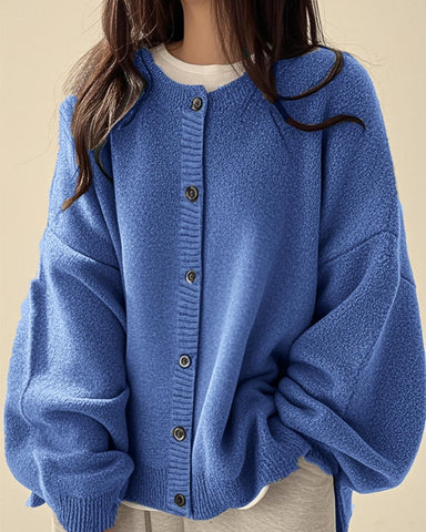 Relaxed Solid-Color Button-Front Knit Cardigan