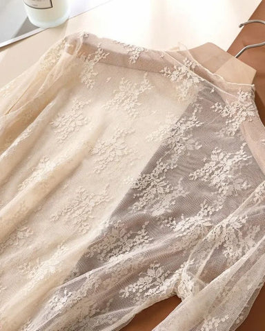 Floral Lace Mesh Long-Sleeve Layering Top