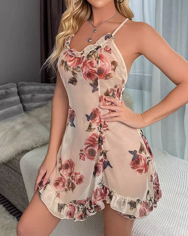 Sexy Rose Printed Mesh Suspender Dress Light Nightdress