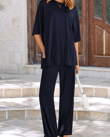 Relaxed Split-Hem Top & Wide-Leg Pants Set