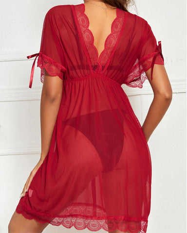 Sexy deep V lace suspender nightgown see-through bathrobe