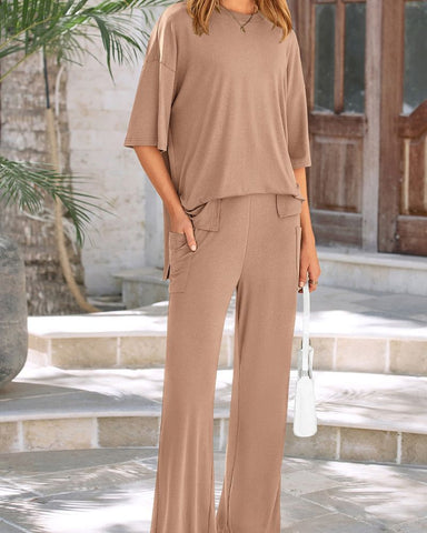 Relaxed Split-Hem Top & Wide-Leg Pants Set
