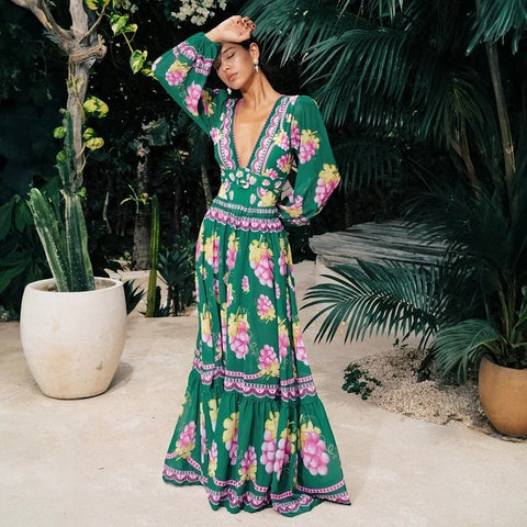 Shapecurve® Long-sleeved Retro Green Grapes Print One Piece Swimsuit and Skirt