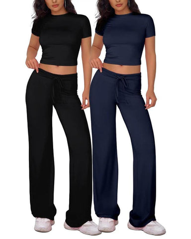 Women's Plain Shortsleeve Top & Drawstring Pants Loungewear Set