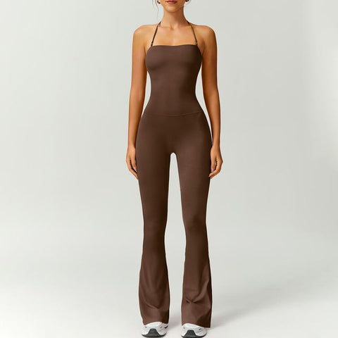 Women’s Halter Neck Bodycon Flare Jumpsuit – Stretchy, Butt-Lifting Activewear