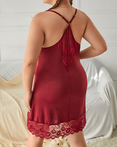 Plus Size Sexy Sheer Deep V Backless Cami Dress with Bow Detail & Panty