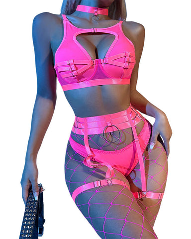 Push Up Bondaged with Underwire Garter Belt Lingerie Set for Women Bra and Panty 5 Piece