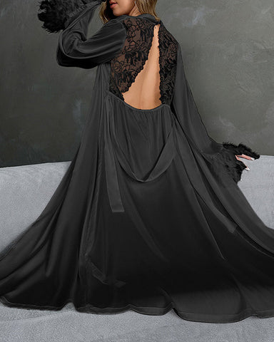 Sexy Bridal Robe & Nightgown Set with Feather Detail
