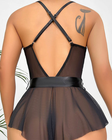 Women’s Sexy Contrast Lace Belted Teddy Bodysuit – Party Lingerie Nightwear
