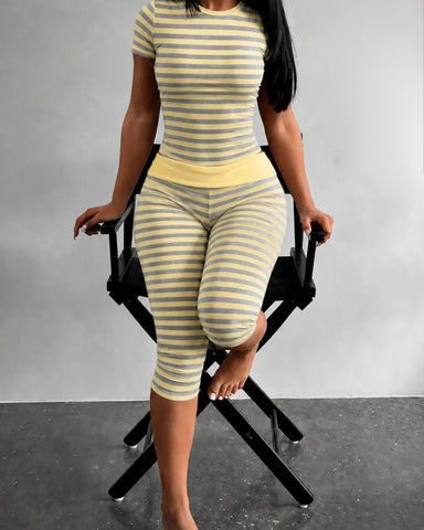 Striped Two-Piece Crop Top & Capri Leggings Set