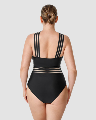 Striped Mesh Insert Cross-Over Halter Neck Swimsuit