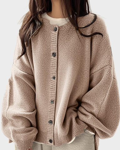 Relaxed Solid-Color Button-Front Knit Cardigan
